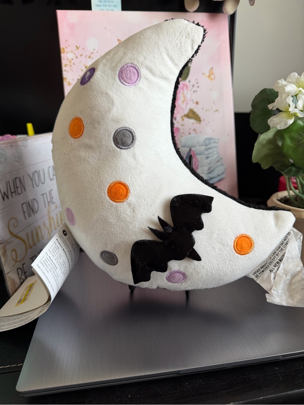 Moon-Shaped Decorative Pillow with Bat Accent - White lights up
